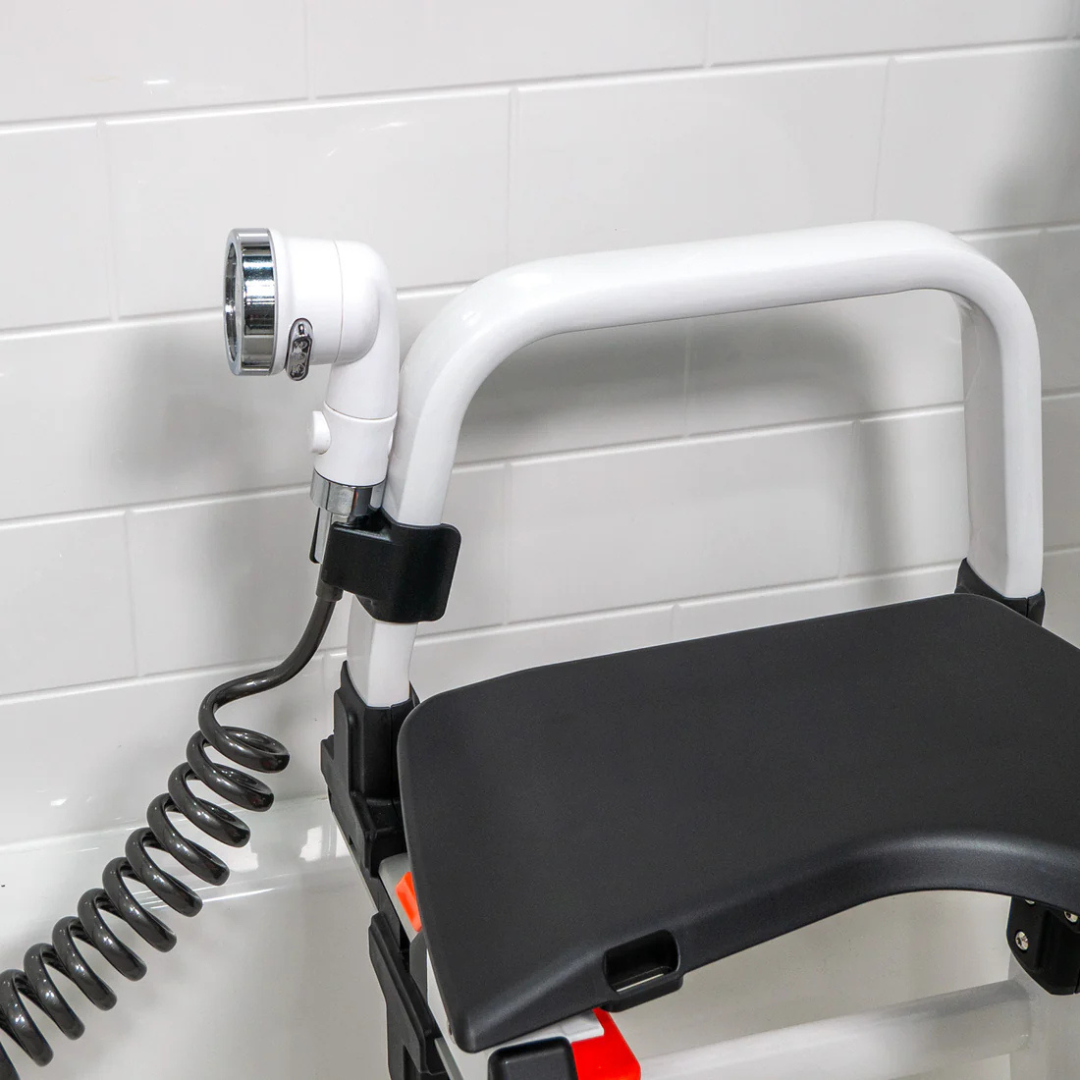 The Accessories and Parts for ShowerGlyde® Transfer Benches include a handheld showerhead with a coiled hose, attached to a black and white shower chair with a durable hard-plastic seat, designed for enhanced bathing comfort.